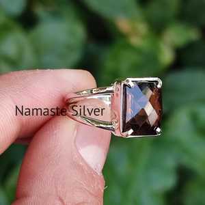 Handmade Boho <b>Statement</b> Ring Smoky Quartz & Silver <b>Cushion</b> Checker Cut Brown Gemstone Sterling Silver Birthday Gift for Him - Product Image 5