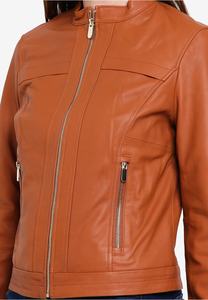 Chaqueta de Cuero Genuino para Mujer, Estilo Clásico con Cuello Alto, Aspecto Vintage Desgastado, Chaqueta de Cuero Acolchada - Product Image 6