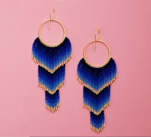 Ombre <b>Blue</b> Gradient Gold Beaded <b>Earrings</b> - Handwoven Long Fringe - Product Image 1