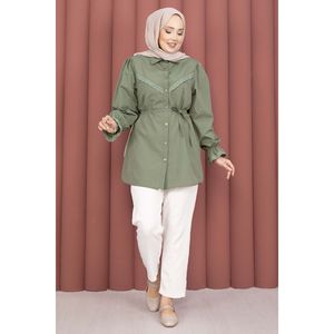 Khaki Lace-up Shirt <b>Fringe</b> Detail Poplin Cotton Khaki Women's <b>Tops</b> Ruffled Collar Button Casual Loose XS XL for Summer - Product Image 3