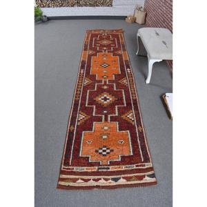 Turkish Vintage Rug, 2.7x11.1 ft Herki Rug, <b>Red</b> Orange Solid <b>Wool</b> Rug - Product Image 1