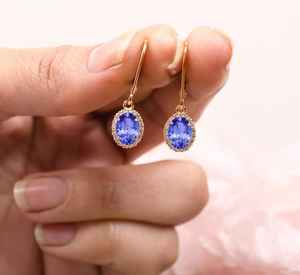 Boucles d'oreilles à fermoir à levier en argent sterling 925 plaqué or 14 carats avec tanzanite, halo élégant, cadeau d'anniversaire, bijoux pour femmes - Product Image 3