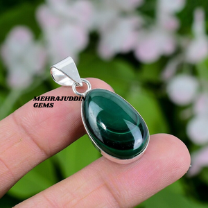 Collar con colgante de piedras preciosas de malaquita en forma de cabujón hecho a mano de Plata de Ley 925, joyería de moda para niños - Product Image 5