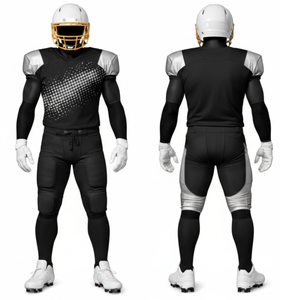 Conjunto de Uniforme de Fútbol Americano Negro y Plateado de Élite, Jersey con Gráficos Sublimados y Hombros Plateados Reforzados y Pantalones - Product Image 1