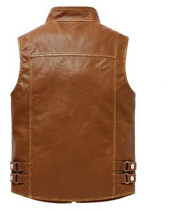 Chaleco de cuero marrón oscuro OEM RTS para hombre, chaleco de invierno de doble cara con bolsillos delanteros, sin mangas, MOQ bajo, estilo clásico de talla grande, nuevos chalecos nuevos - Product Image 4