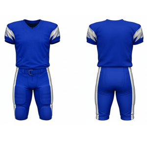 Uniforme de football américain bleu royal avec logo personnalisé, maillot à manches métalliques sublimées avec flamme, pantalon rembourré avec bande latérale contrastée - Product Image 3