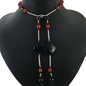 Bohemia <b>Black</b> Onyx <b>Red</b> Agate Beaded Cross Lariat Necklace for Women with Freshwater Pearl Accent - Product Image 2