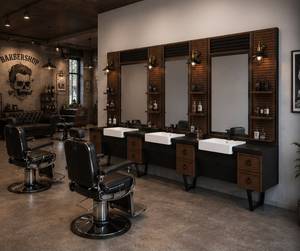Decorsall Model 85 Luxury 3Person Barber Styling Station Wood Wall <b>Panels</b> Ceramic Sinks Storage Shelves Drawers Salon Furniture - Product Image 3