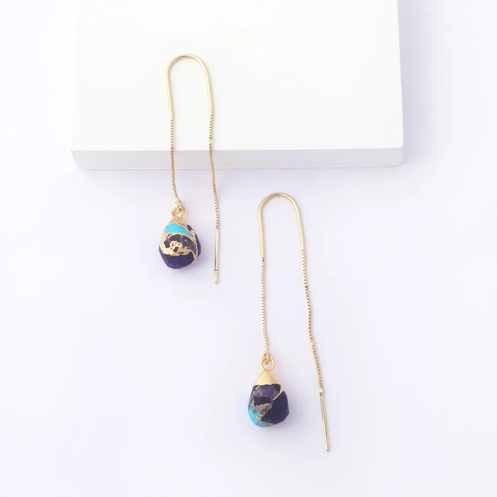 Einfacher Stil Mohave lila & blau Kupfer Türkis Faden mit Nadel langen baumeln Ohrring 18 Karat vergoldete Box Kette Ohrringe