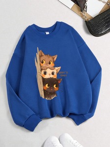 เสื้อฮู้ดผู้หญิงลายแมวน้อยสามตัวแอบดูคุณพิมพ์ลายเสื้อสวมหัวแนวสตรีททรงหลวมเสื้อผ้าฤดูหนาวแบบสปอร์ต - Product Image 2