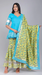 Ensemble Sharara en coton décontracté JAAL avec dupatta en coton, robe à manches courtes, coupe évasée, lavable, avec taille naturelle - Product Image 3
