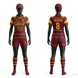 Tenue de rugby pour femmes en tissu polyester haute performance, design à rayures rouges, blanches et dorées, impression de logo personnalisée par sublimation, ensemble d'équipe - Product Image 4