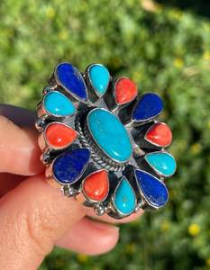 Exquis 925 Sterling Silver Multi-Stone Vintage Fancy Style Turquoise Bezel Setting Statement Ring pour les mariages unisexes - Product Image 6