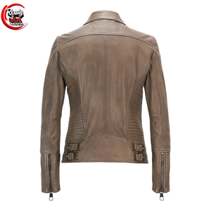 2025 Women's Long Sleeve PU Leather Jacket Motorcycle Jacket with Zippers Breathable Cotton Filled <b>Raw</b> Processed - Product Image 2
