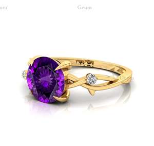 14k Solid <b>Gold</b> <b>Amethyst</b> & Diamond February Birthstone <b>Ring</b> Engagement <b>Ring</b> Inspired Diamond <b>Ring</b> with Round Gemstone - Product Image 5