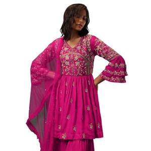 Rani Pink Silk Kurta Sharara Set con bordado Resham y Dupatta para fiesta de recepción de boda traje de fiesta - Product Image 2