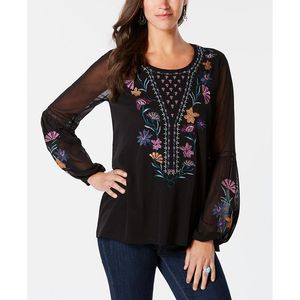 Camicetta Nera XL Style & Co con Colletto Asimmetrico Ricamato, Stile Bohémien Chic in Viscosa e Cotone, per Occasioni Formali e Casual, Ideale per Feste Estive - Product Image 1