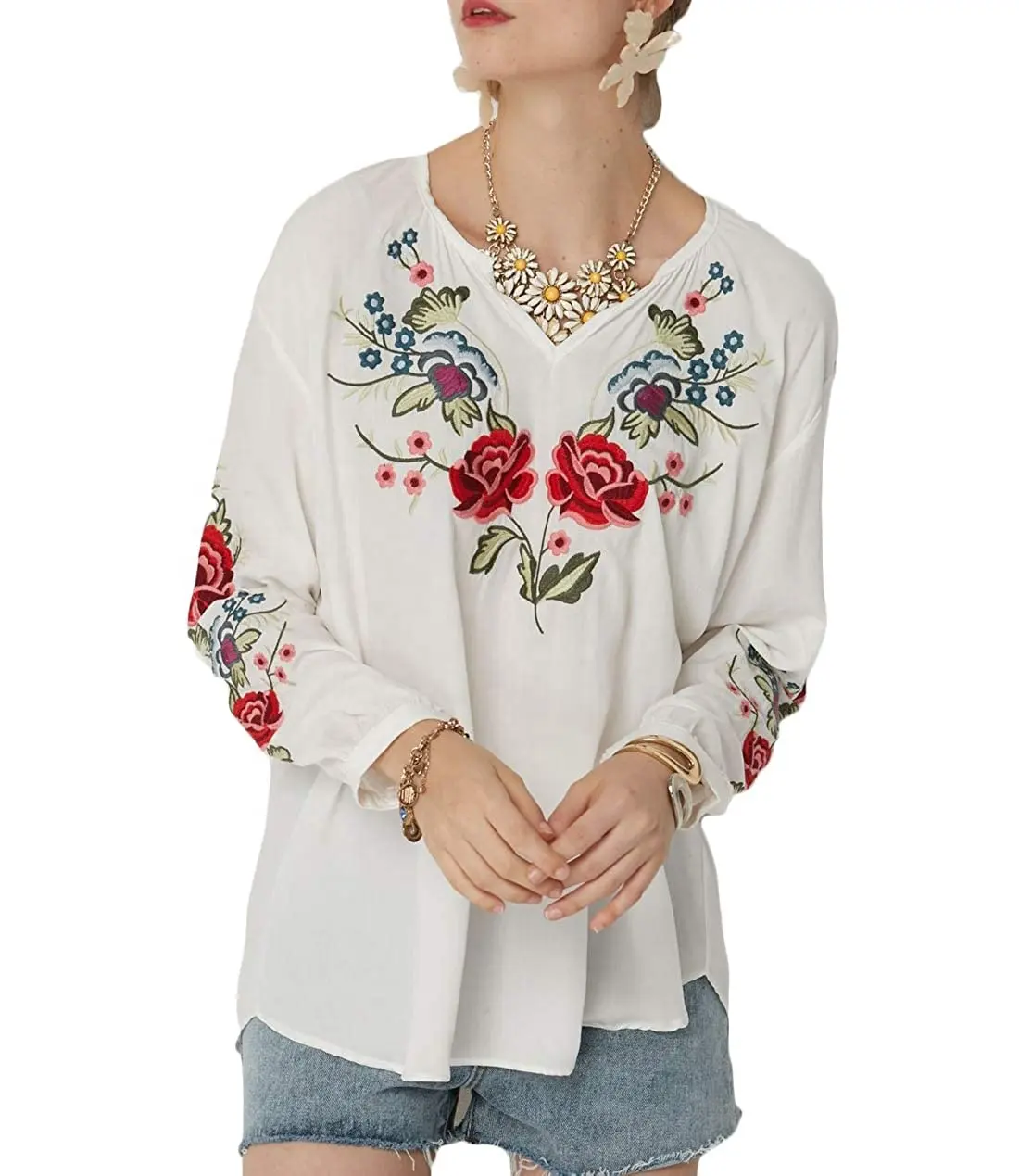 Blusa holgada de algodón con manga larga para mujer, Top bordado con rosas, estilo mexicana