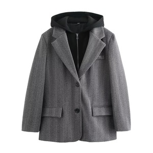 Otoño nueva moda de mujer versátil pecho con capucha patchwork espiga diagonal manga larga traje chaqueta - Product Image 1