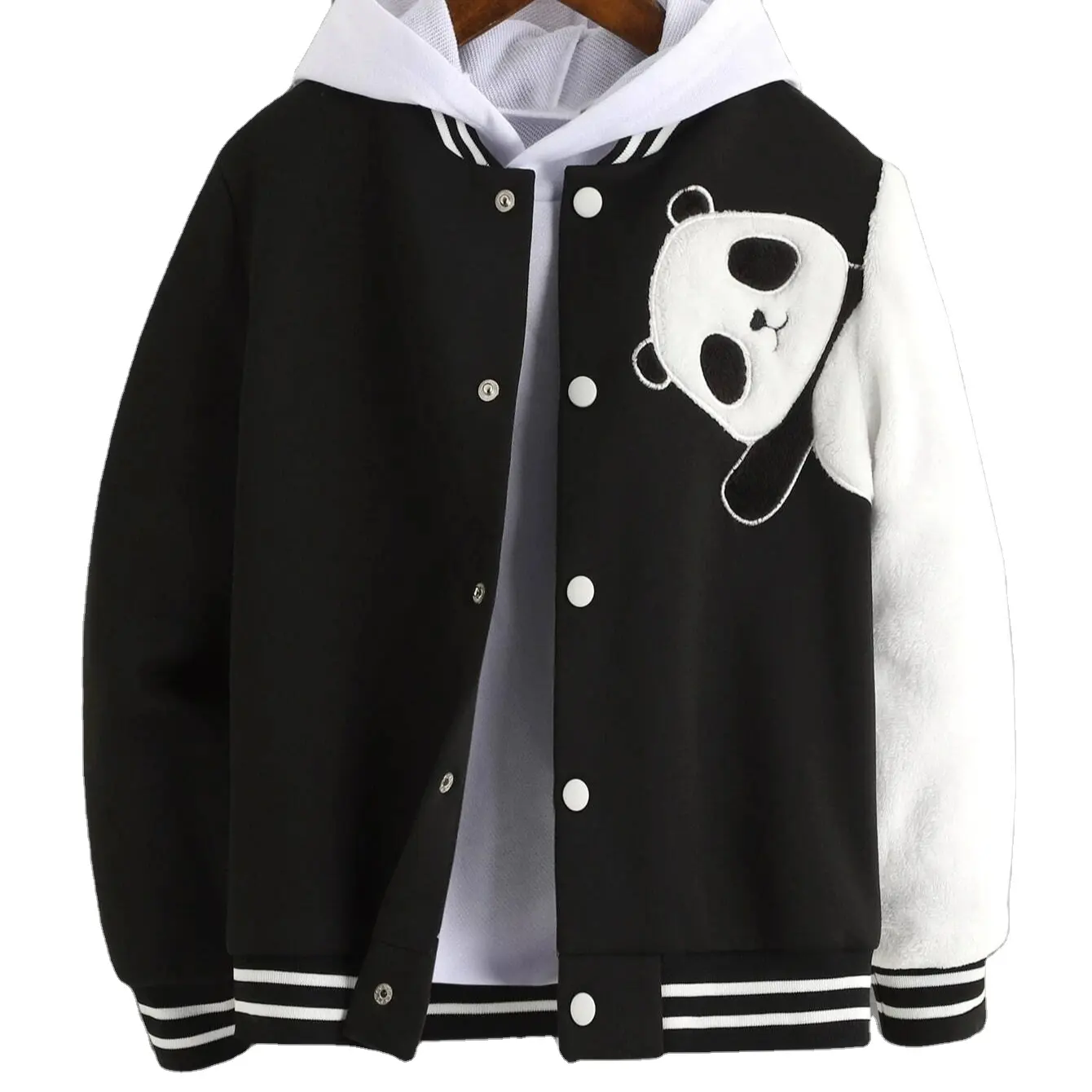 Hot Selling Custom Boys Panda Embroidery Striped Trim Wool And Leather Arm Varsity Jacket Without Hoodie