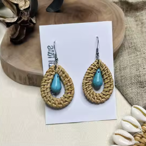 Été Nouveau Design Vacances Style Rural Boucles d'oreilles en bois de rotin Tissage de paille en bois Tresse Goutte Géométrique au Viet Nam - Product Image 3