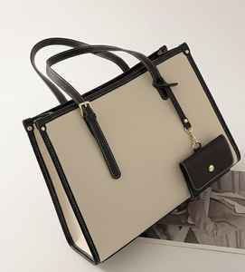 <b>Canvas</b> Vintage Fashion Tote <b>Bag</b> Women Two Shoulder Straps Large Work Purse Beige Black Coin Pouch <b>Laptop</b> Satchel Water Resistant - Product Image 1