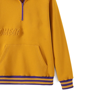 เสื้อกีฬาโปโลมีซิปลายโอเมก้าควอเตอร์3D สีทองลายทางสีม่วงและมัสตาร์ด - Product Image 5