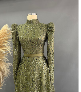 ODM Custom Green Trumpet <b>Tulle</b> Sequin Bead <b>Embroidered</b> Satin Evening Dress Simple Party O-Neckline Full Sleeves Nonwoven - Product Image 4