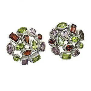 Boucles d'oreilles clous en argent plaqué or 18 carats pour femme avec pierres précieuses (péridot, améthyste, grenat) et diamant pour fiançailles, perle dorée - Product Image 2