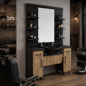 Estación de Trabajo de Barbería Moderna y Lujosa Modelo Decorsall con Espejo Doble, Estantes con Marco de Madera, Encimera de Mármol y Gabinete de Almacenamiento - Product Image 3