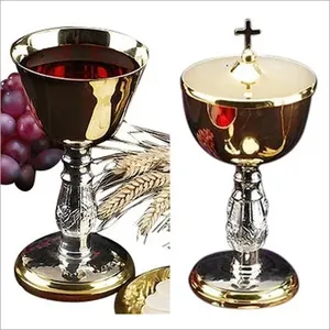 Stratford Chapel Two Tone Chalice and Paten Set with Ciborium and Cross Cover Ciborium Christian Catholic Chalice Church Supply