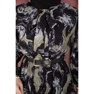 Women's Patterned Black Scarf Collar Hijab Dress Chiffon Fabric with Natural Waistline A-Line Silhouette - Product Image 6