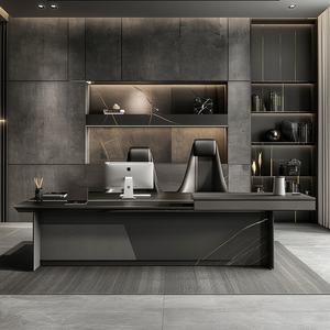 Escritorio Ejecutivo Moderno Negro con Panel con Aspecto de Piedra, Escritorio Grande para Gerente, Estación de Trabajo Contemporánea para CEO - Product Image 4