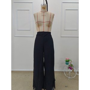 Pantalon en crêpe importé à taille haute pour femme avec bordure en dentelle sur le côté, 36837 - Noir - Product Image 6