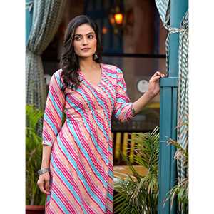 Multi Cotton Casual Straight Kurti Breathable Lehariya Design XS Size Floor-Length Knee-Length Options Natural ODM for Club Day - Product Image 4