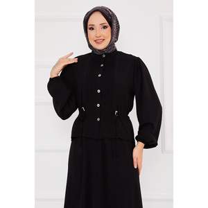 Conjunto negro de 2 piezas Hijab plisado en la cintura, ajuste holgado, estilo informal, cuello levantado, tejido, patrón tejido para primavera - Product Image 3