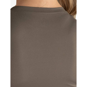 Camiseta de gimnasio para mujer, logotipo personalizado, lo último en estampado de color topo, elástico, de longitud completa, manga corta, cuello redondo, nueva camiseta informal para entrenamiento de Yoga hecha - Product Image 3