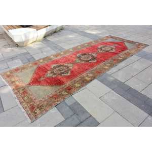 Tapis turc vintage de 4.7x12,5 pieds, tapis en laine à tissage plat, rouge et vert pour décorations de salon, support en latex - Product Image 3