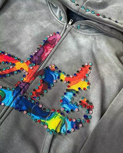 Custom <b>Retro</b> Gemstone Hoodies Unisex Oversize Acid Wash 100% Cotton Heavyweight Zip <b>Sweatshirts</b> Rhinestone Hoodies Men Women - Product Image 3