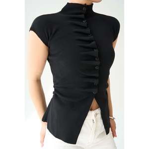 <b>Black</b> Buttoned <b>Sleeveless</b> Casual Knitted Acrylic V-neck <b>Cardigan</b> - Product Image 2