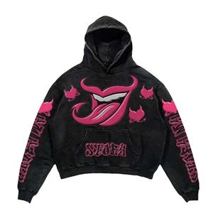 DTG hoodies รุ่นที่กำหนดเองคุณภาพสูงวินเทจผ้าฟลีซเก็บความร้อนพิมพ์ลายทั้งหมดด้วยสีดำและสีชมพูร้อน - Product Image 1