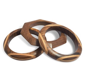 Bracelet jonc géométrique en bois | Bijoux africains en bois (2.6 pouces) Bracelet de manchette en bois ethnique fait à la main Vintage Simple Round - Product Image 1