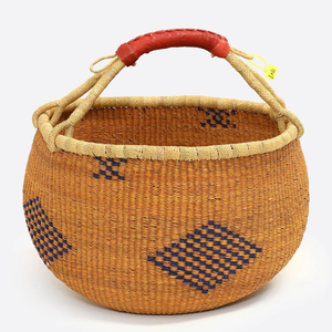 African Handmade Bolga <b>Basket</b> with Leather Wrapped Handle for Decorative Storage and Stylish Market Carry - Product Image 2