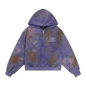 Sweat à capuche surdimensionné pour hommes, délavé à l'acide, Streetwear, sweat-shirt zippé personnalisé avec col à capuche zippé en strass, techniques comprenant des appliques - Product Image 4