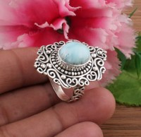 Bague classique artisanale en argent sterling 925 avec pierre précieuse Larimar, bijou vintage bohème pour femme, idéale pour les occasions de mariage et de fête