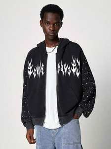 <b>Black</b> Rhinestone <b>Zip</b> <b>Hoodies</b> Oversized Streetwear Studded Sleeves Drop Shoulder Hip Hop Fleece Full <b>Zip</b> Custom Logo Jacket - Product Image 3