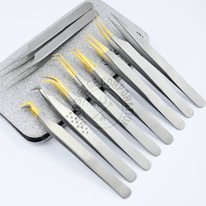 Pinzas para extensión de pestañas con punta de fibra, curvadas a 45 y 90 grados, para volumen y estilo clásico, probadas a mano, de acero inoxidable. - Product Image 1