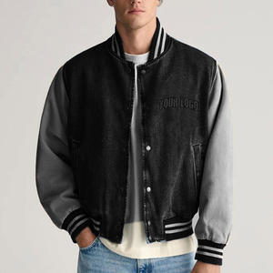 Veste en jean vintage pour homme avec manches en cuir personnalisées, veste bomber de baseball, veste en chenille avec broderie de lettres pour homme - Product Image 2