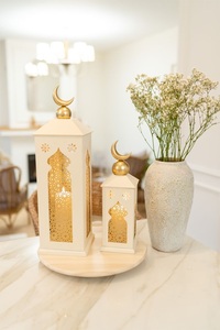 Elegant Metal Ramadan Crescent Lantern Set with Intricate Cutwork Soft Candle Glow Festive Home <b>Table</b> <b>Decor</b> - Product Image 3