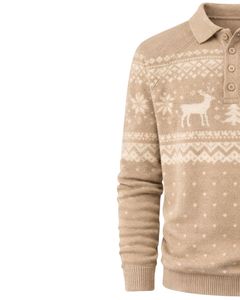 Pull en laine beige à motif nordique personnalisé par le fabricant, col boutonné, manches longues, pull classique chaud d'hiver pour homme - Product Image 3